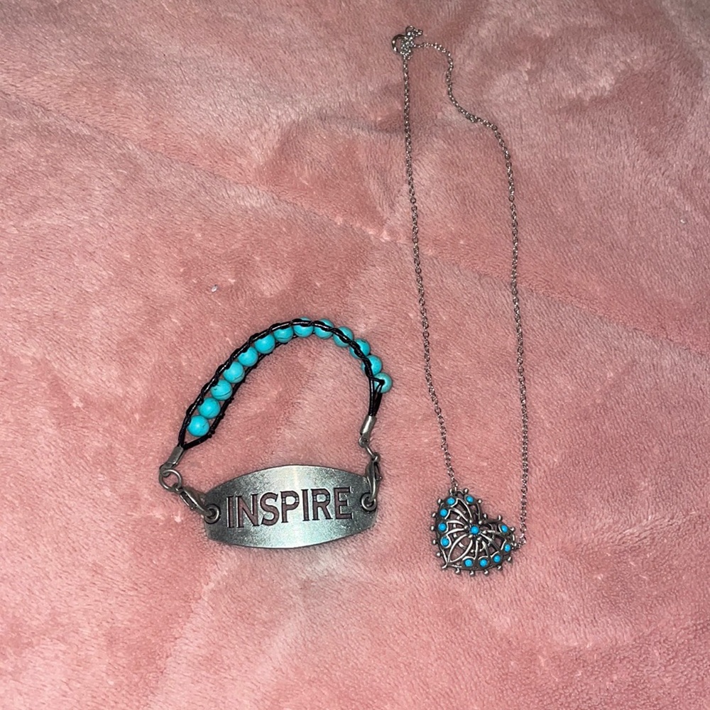 Light Blue Heart Necklace and Inspire Bracelet Set